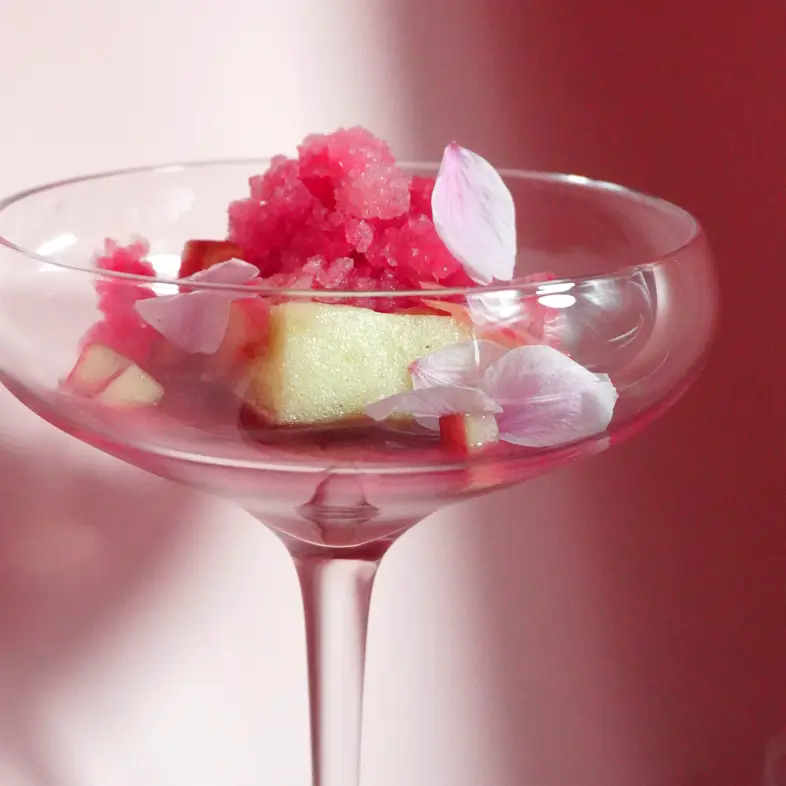 creation thumb for Rhubarb granita, magnolia jam,whipped apple cloud
