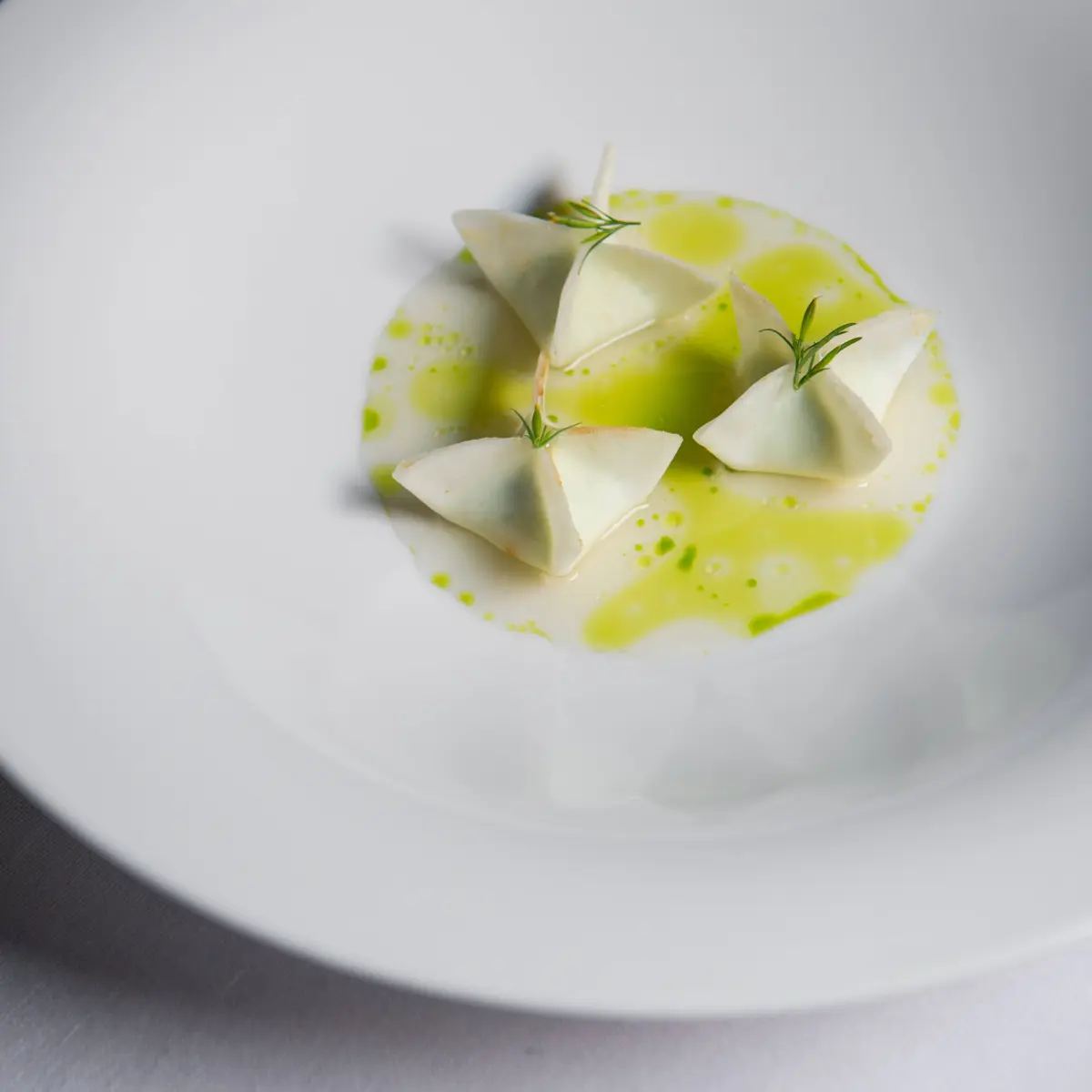 creation thumb for Celeriac Ravioli|Goat Cheese & Fennel Consommé|Grape Extract