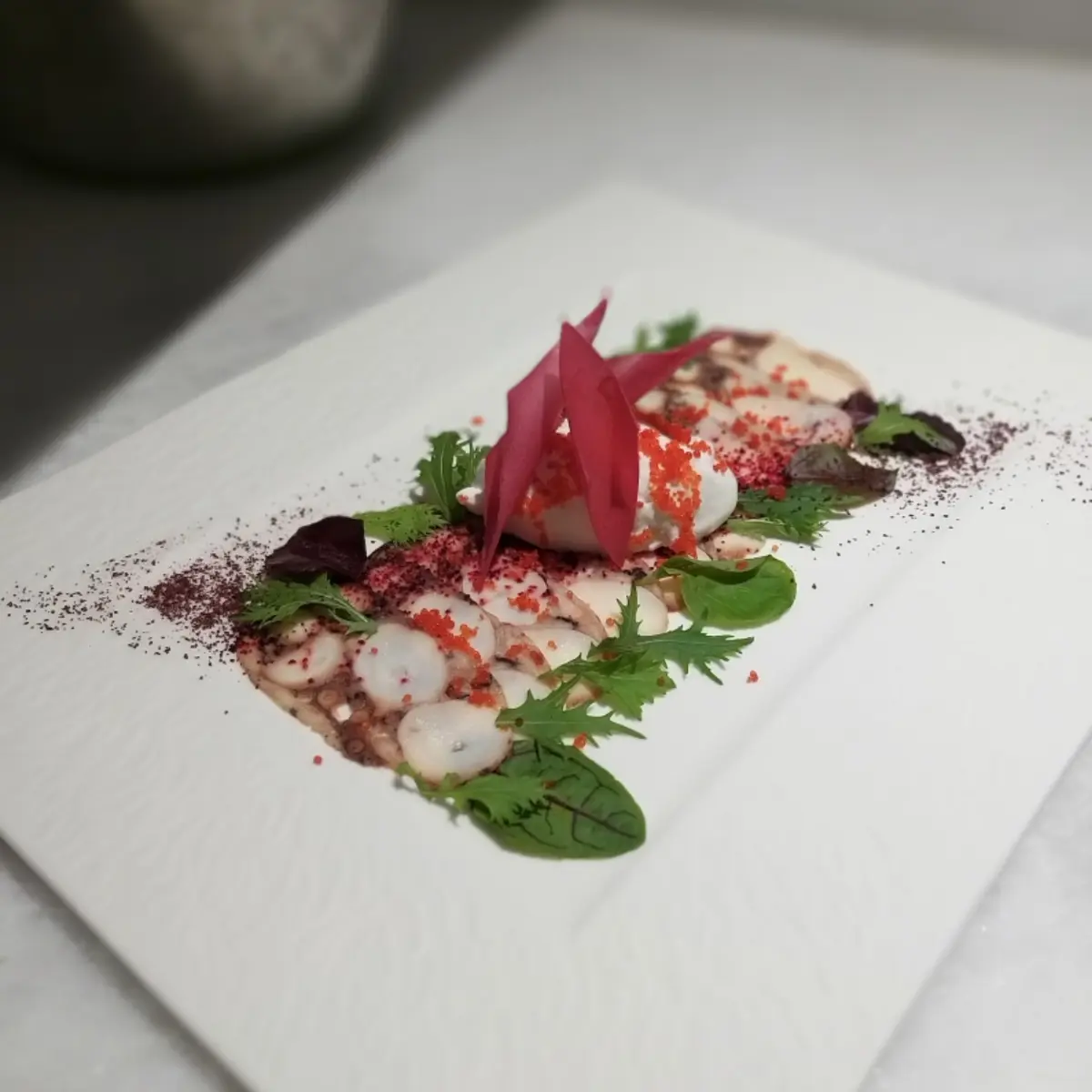 creation thumb for octopus carpaccio - beet potato sticks - lime lemon sorbet - tobiko - greens