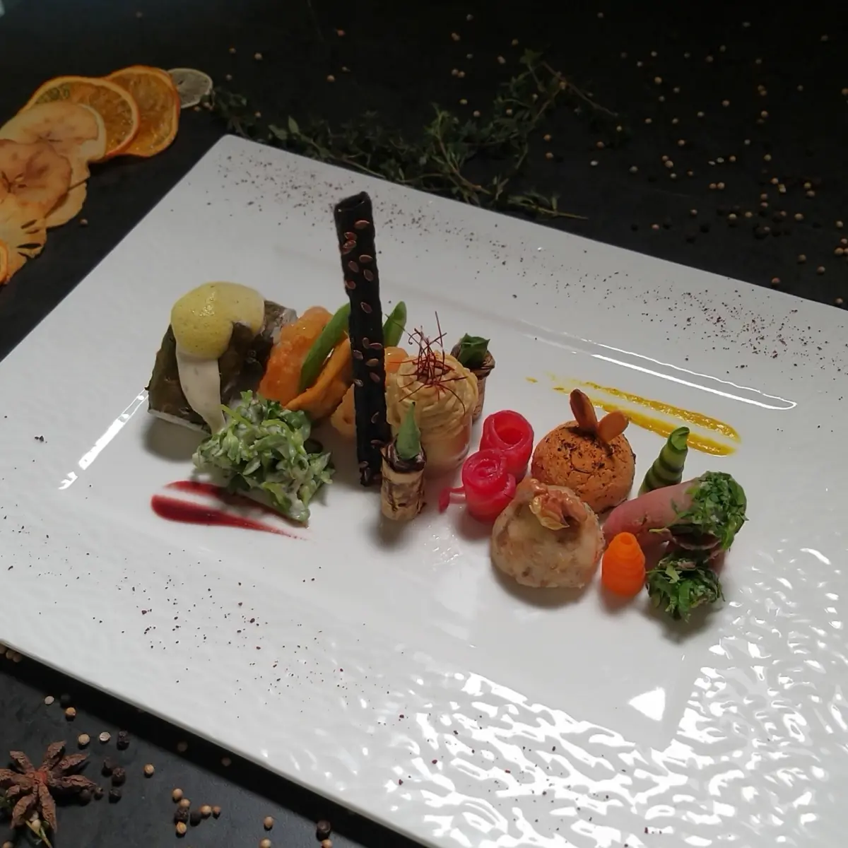 creation thumb for APPETIZER FUSION   chard wrap - hazelnut purslane - tempura shrimp - olive biscuits - baby artichokes with hummus - salmon gravlax- Cretan pate - sürk cheese - rast beef     balsamic sauce -lemon glaze

