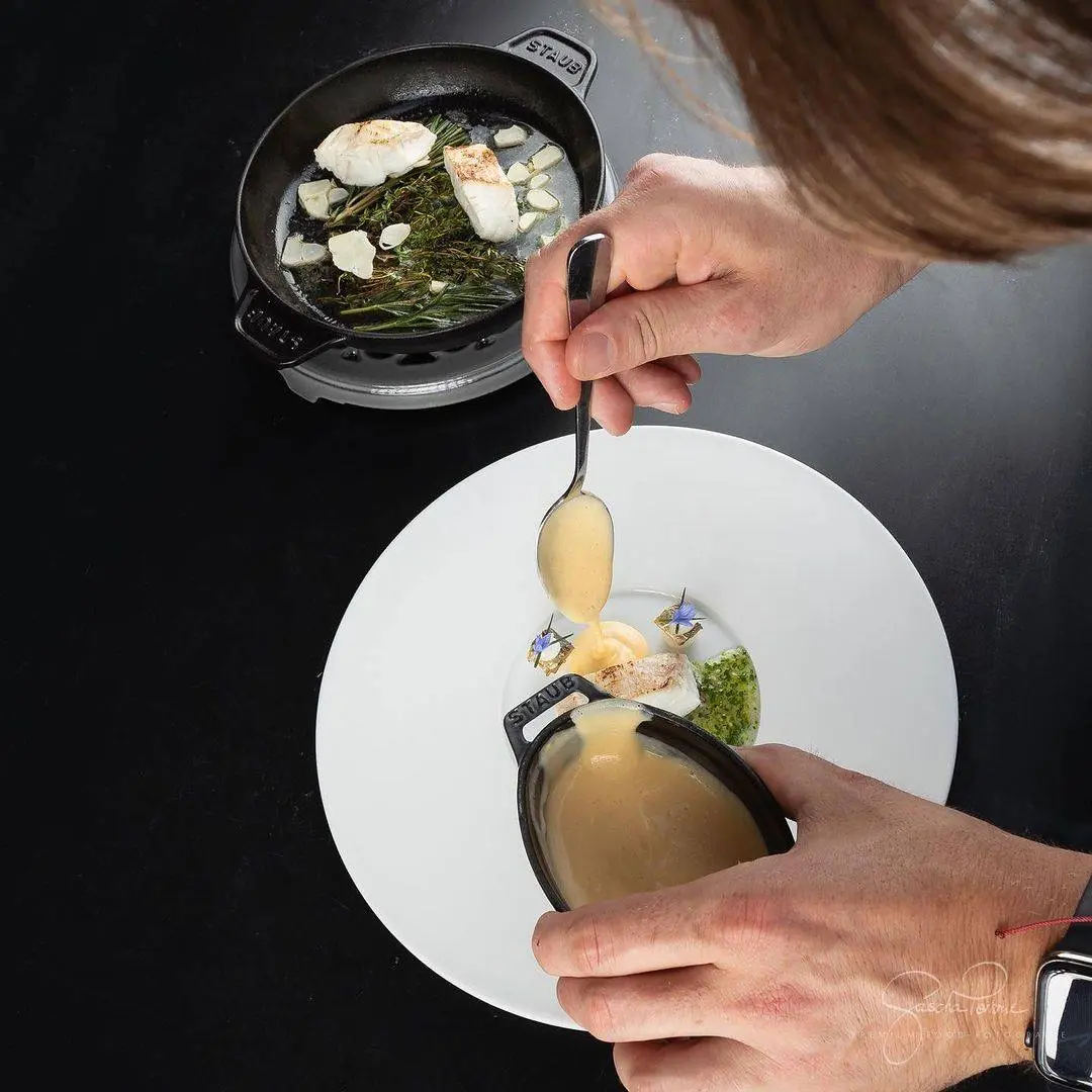 creation thumb for Breton turbot, kohlrabi, veal, Kiel sprat, miso hollandaise