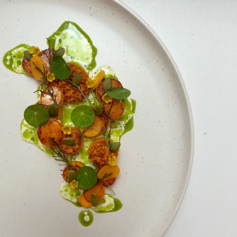 creation thumb for Kabocha Squash, Pumpkin seed Milk & Burnt Chive