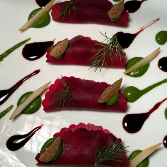 creation thumb for . Beetroot Ravioli with Tosazu Sauce, Dill, and Pear