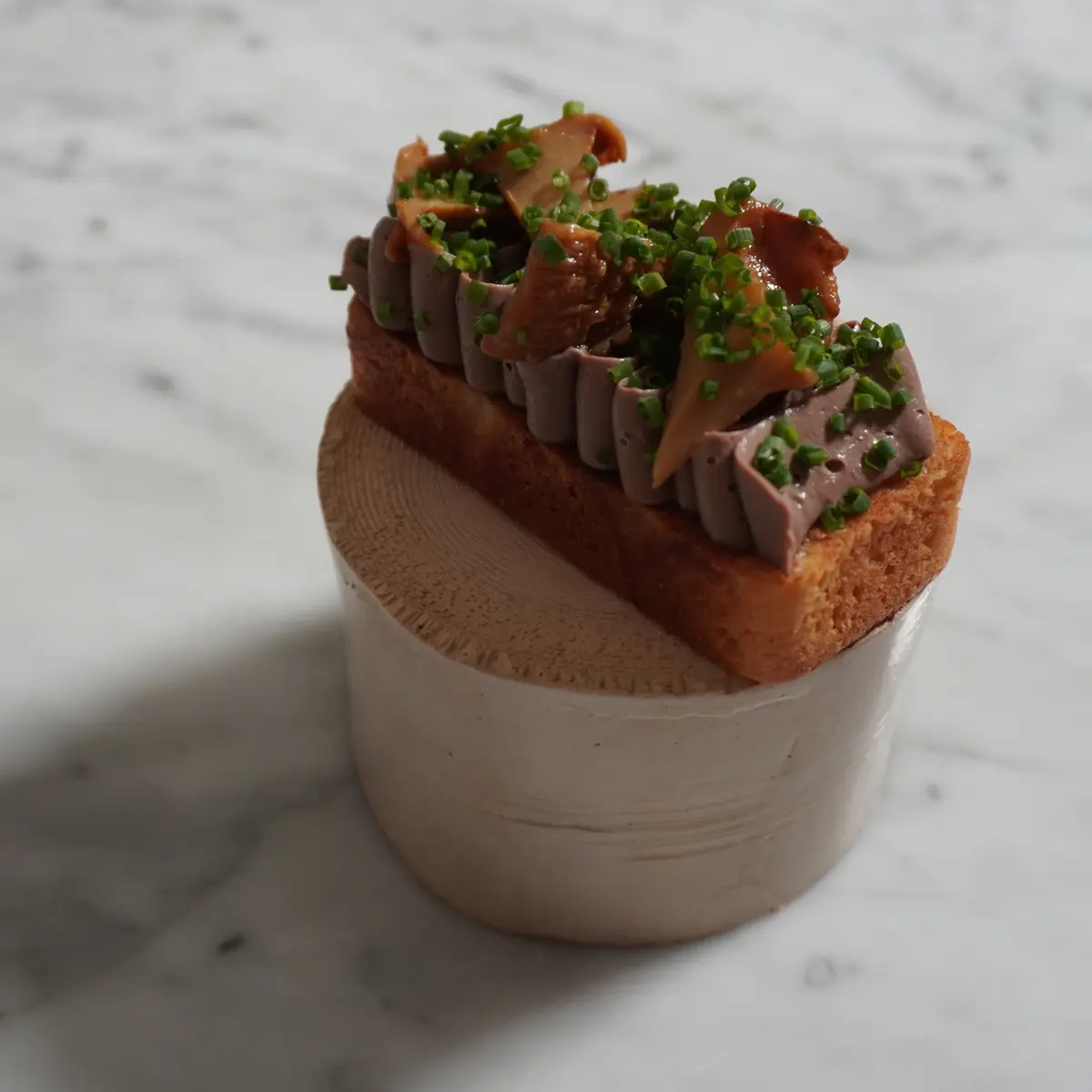 creation thumb for Chicken Liver, Gluten-Free Brioche, Pickled Chanterelle