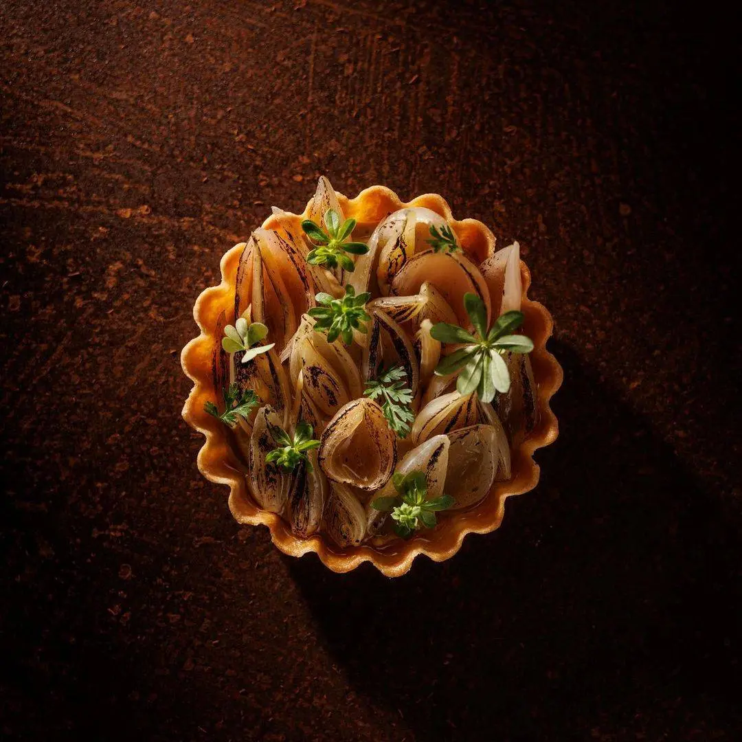 creation thumb for Tart with borlotti, barberry and spring onions in carpione