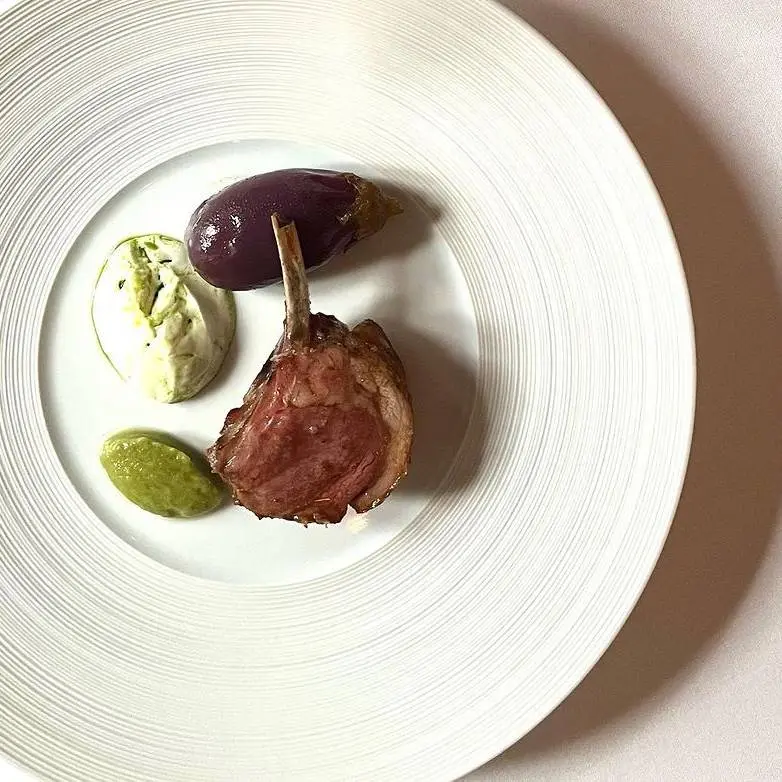 creation thumb for Comeragh mountain lamb rack, barbecued aubergine, velvet cloud sheep’s yoghurt split with bay leaf oil & nocellara olive