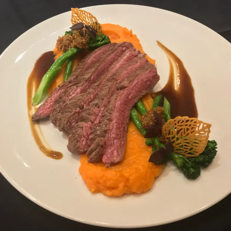creation thumb for flank steak | Whiskey jus | sweet potato | Bimi | Mustard caviar