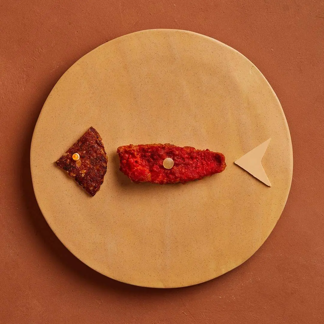creation thumb for Red mullet, tangled tarhana, burnt tomato rice, tarama