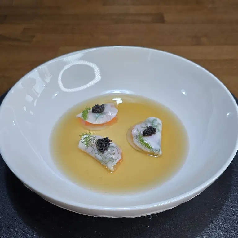 creation thumb for Squid Ravioli with Salmon Tartare & Fennel Consommé