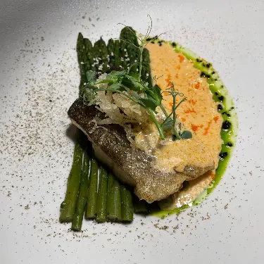 creation thumb for Cod with masago caviar sauce and green asparagus