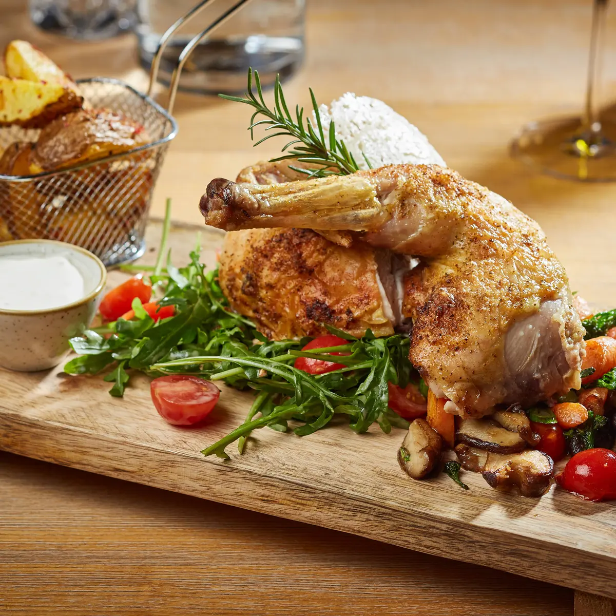 creation thumb for Corn chicken on vegetables with wedges 