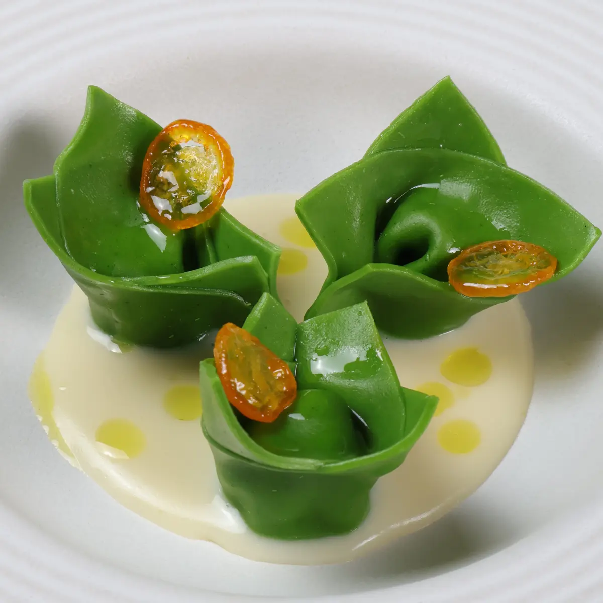 creation thumb for Broccoli Rabe Tortelli, Umami sauce, Candied Kumquat