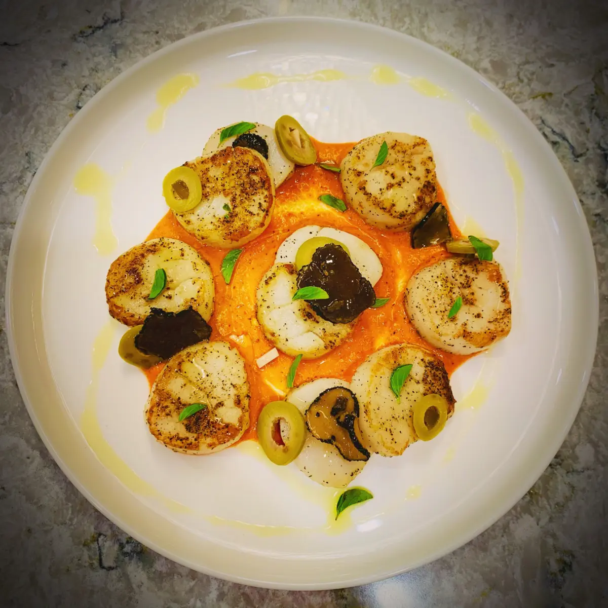 creation thumb for Pan roasted Scallops / Romesco sauce/ Green olives/ Truffles .