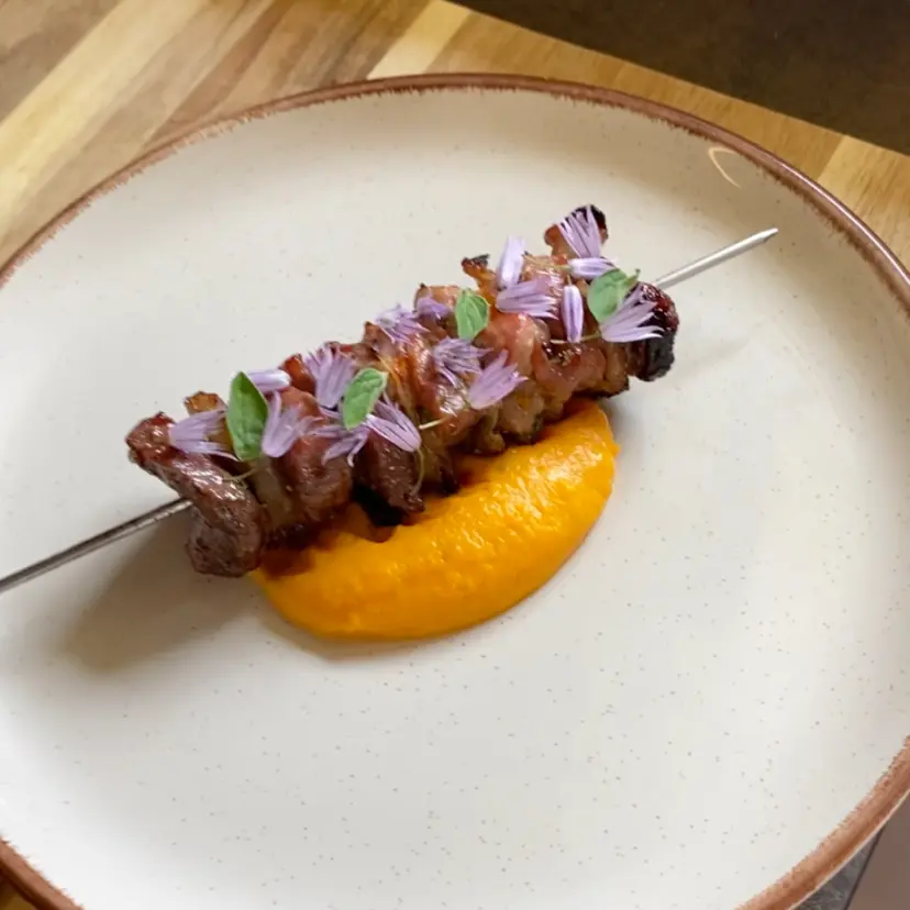 creation thumb for Glazed Pork Shoulder Skewers with Sweet Potato Purée