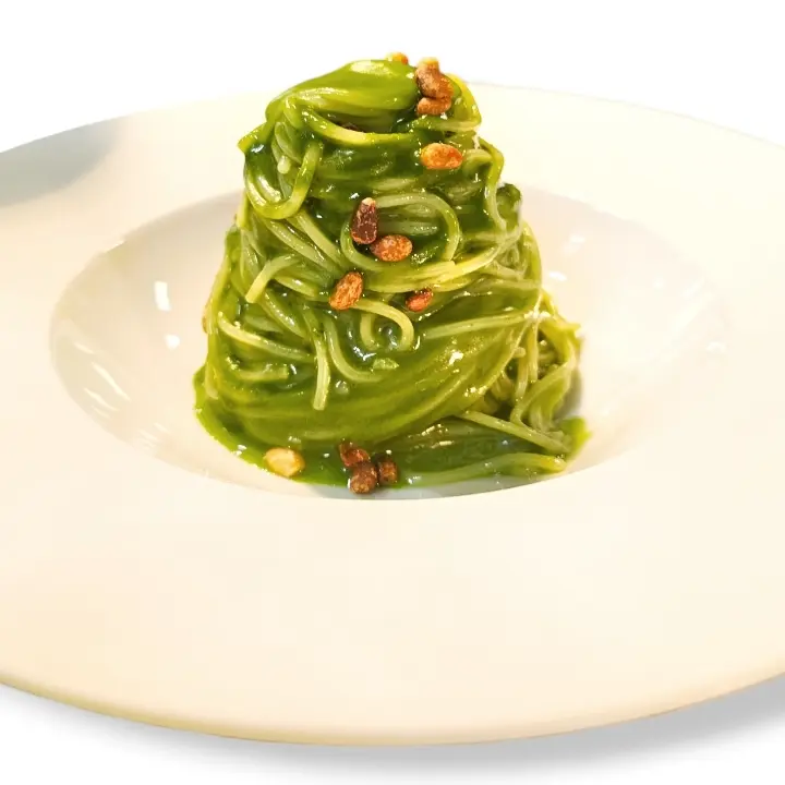 creation thumb for Cold Spaghetti, Parsley Extract, Pink Prawns and Pine Nuts