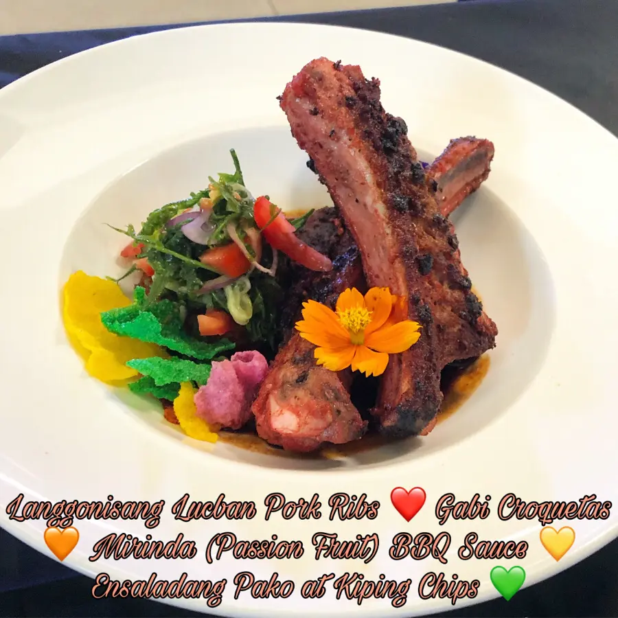 creation thumb for Langgonisang Lucban Pork Ribs ❤️ Gabi Croquetas 🧡 Mirinda (Passion Fruit) BBQ Sauce 💛 Ensaladang Pako at Kiping Chips 💚