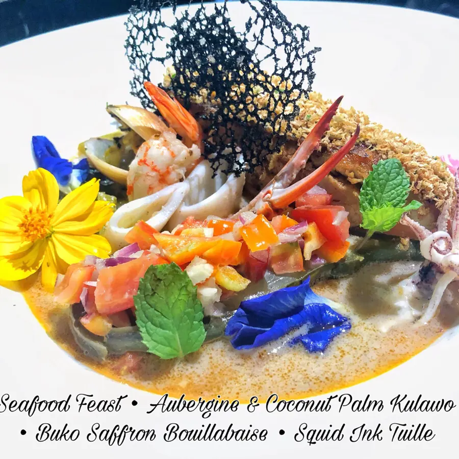 creation thumb for Seafood Feast • Aubergine & Coconut Palm Kulawo • Buko Saffron Bouillabaise 