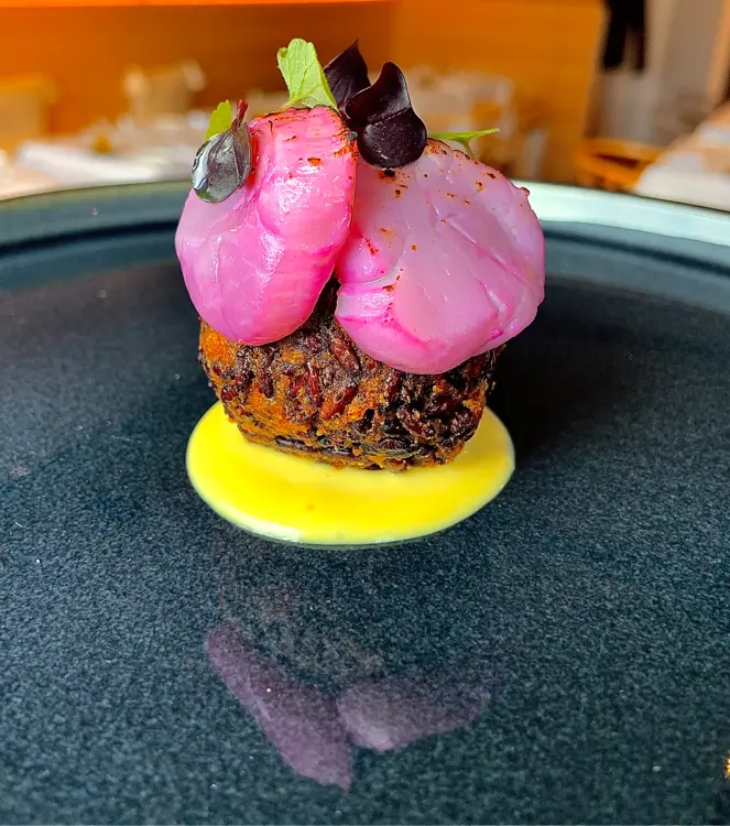 creation thumb for Marinated scallop / black rice sphere / mustard souce
