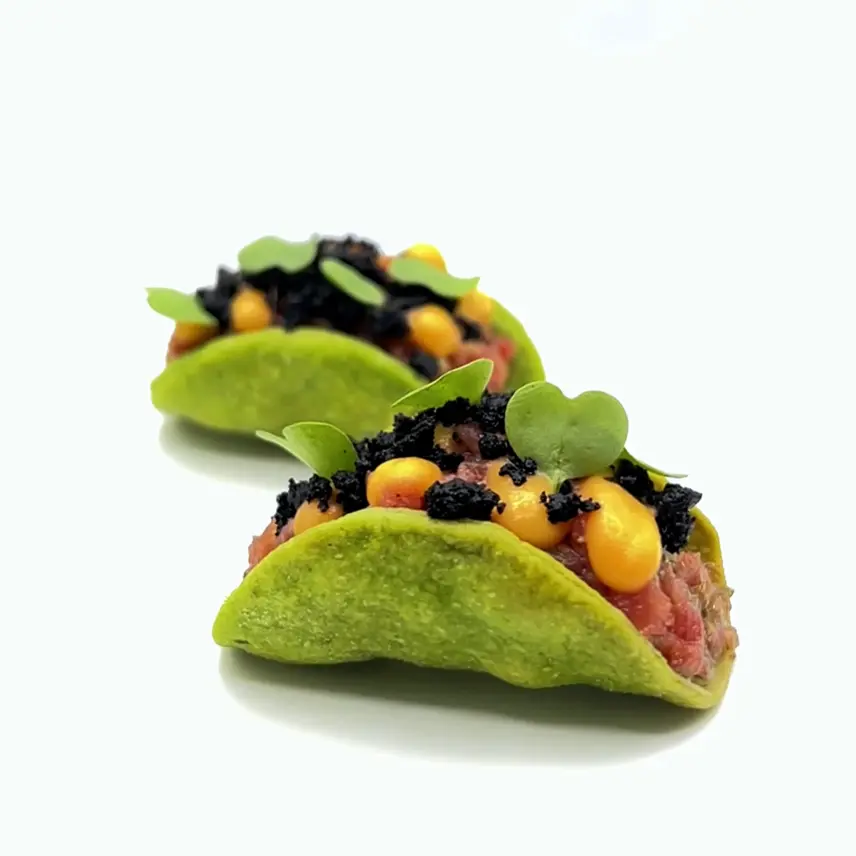 creation thumb for Wild garlic tacos, beef tartare, panzanella, olives