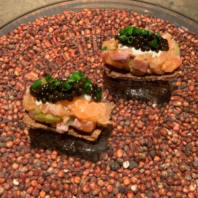 creation thumb for Amuse bouche of the day. Salmon tartar on rye bread cracker