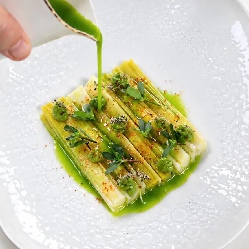 creation thumb for Confit leeks, purslane, shichimi togarashi, basil sauce 