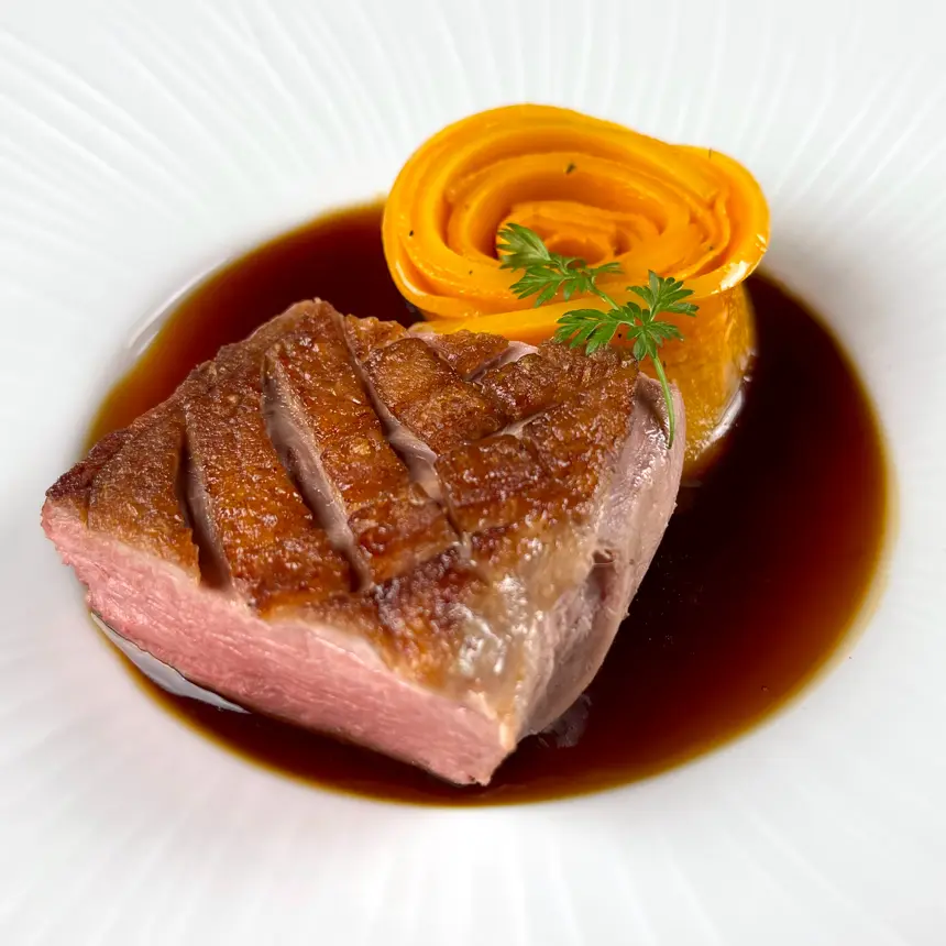 creation thumb for Sous vide duck breast,orange pumpkin roll,orange & soy sauce