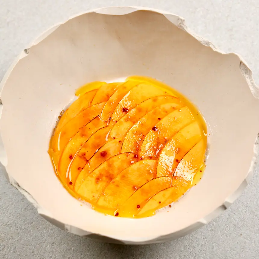 creation thumb for Burrata panna cotta with fermented orange, apple persimmon