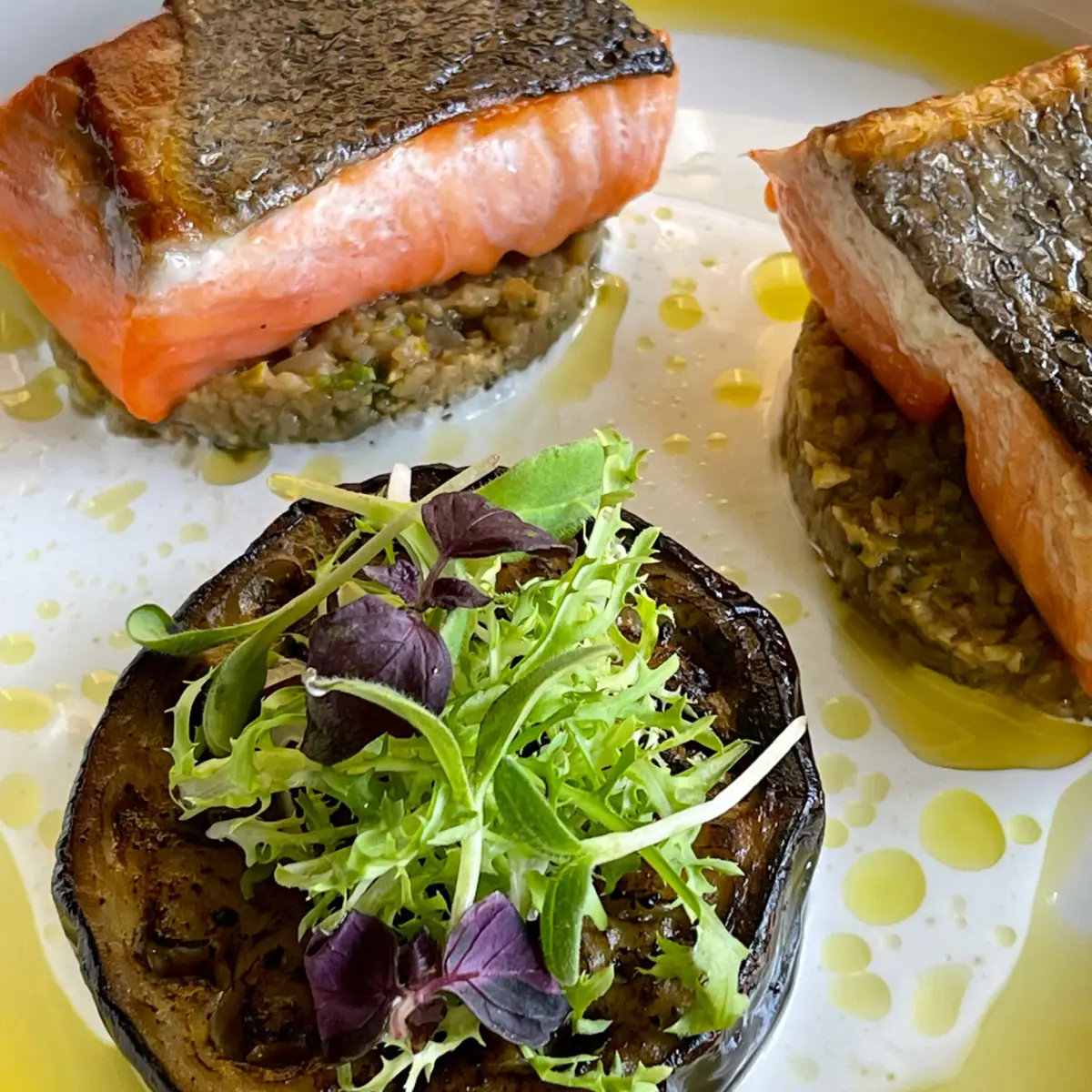 creation thumb for Pan seared Salmon, Eggplant-olive tapenade,  confit eggplant