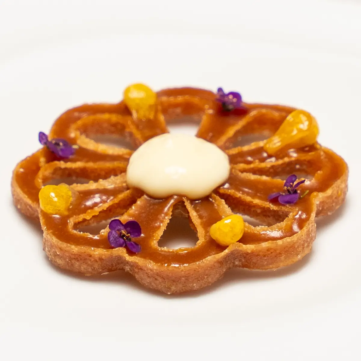 creation thumb for Sweet Corn Buñuelo with Miso Caramel + Corn Namelaka