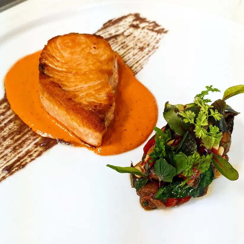 creation thumb for Zucca pesce spada: romesco, melanzane fairy taile, olive