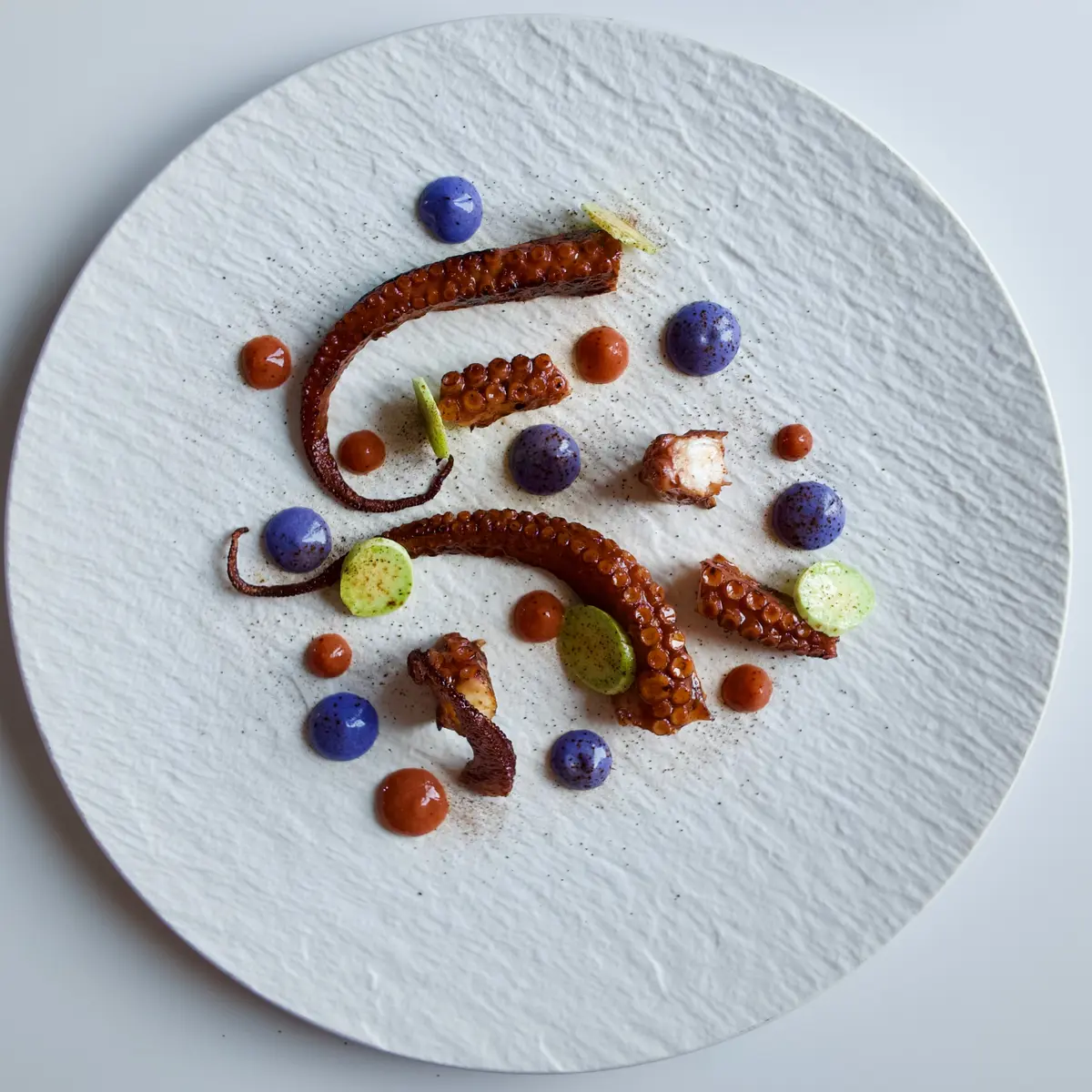 creation thumb for Kaffee-Glasierter BBQ-Oktopus, Lila Kartoffelcreme und Marinierte Trompetenzucchini
