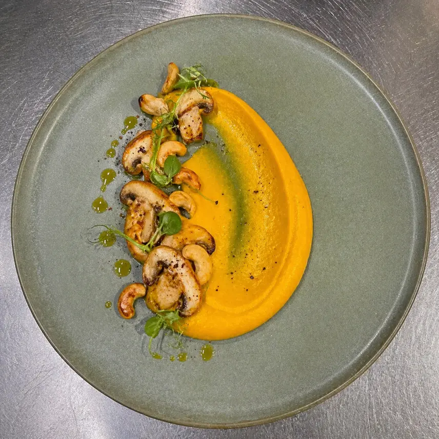 creation thumb for     Roasted Pumpkin Purée, Golden Mushrooms & Cashew Crunch