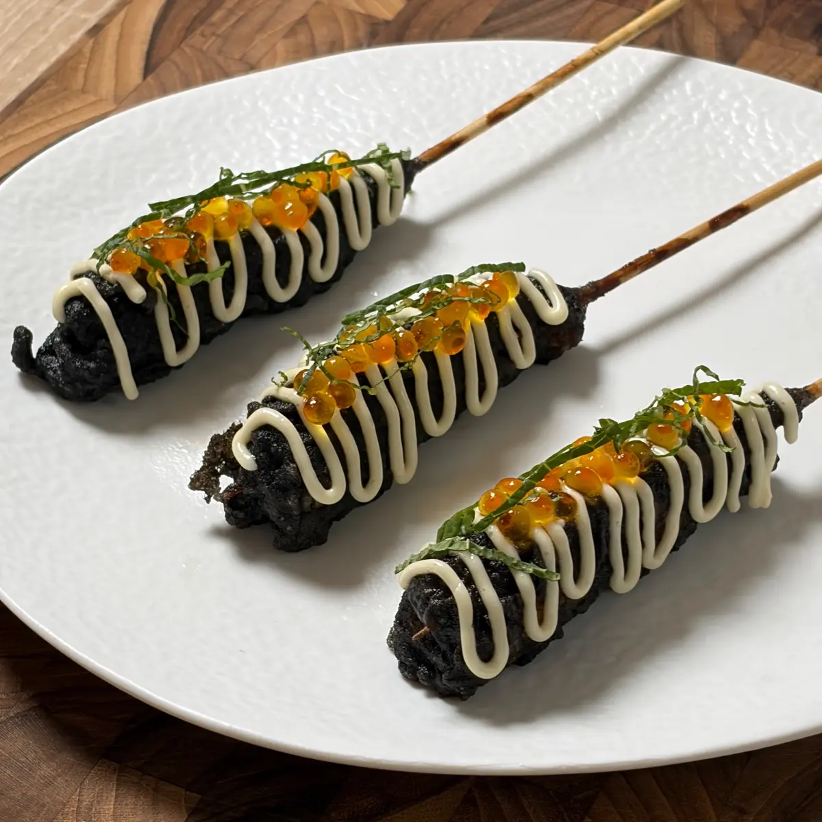 creation thumb for Black tempura prawn skewers