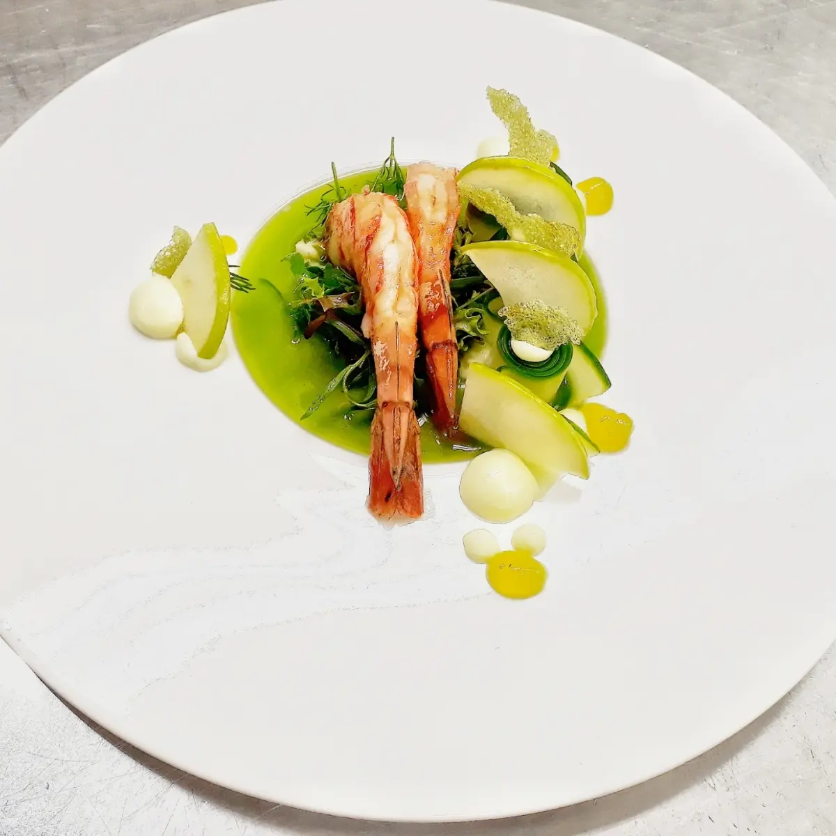 creation thumb for Garnele, confit / Japanese BBQ sauce / Cucumber / Apple / Wasabi