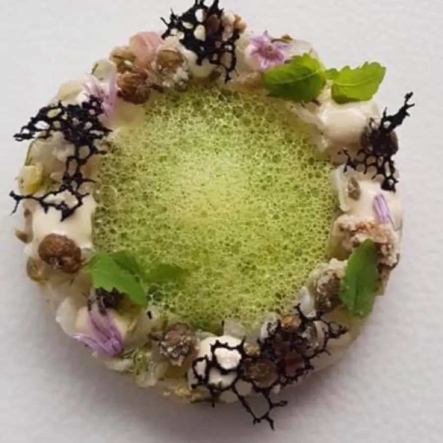 creation thumb for Seabass tartar ,lough Neagh smoked eel , caper popcorn , wasabi , squid ink coral 