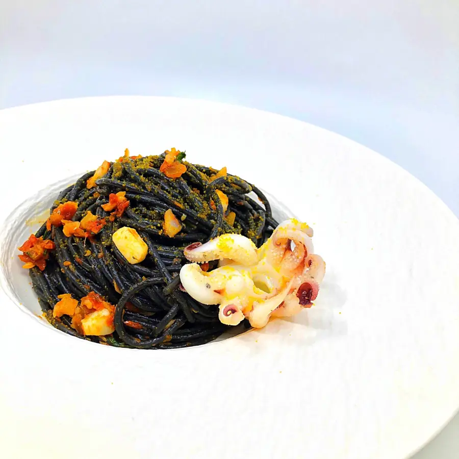 creation thumb for Squid ink spaghetti with red mullet, tomato, preserved lemons, bottarga and fennel