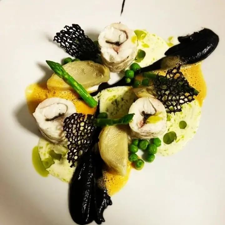 creation thumb for Seabass roll with purée ink, artichoke, asparagus lemon, but