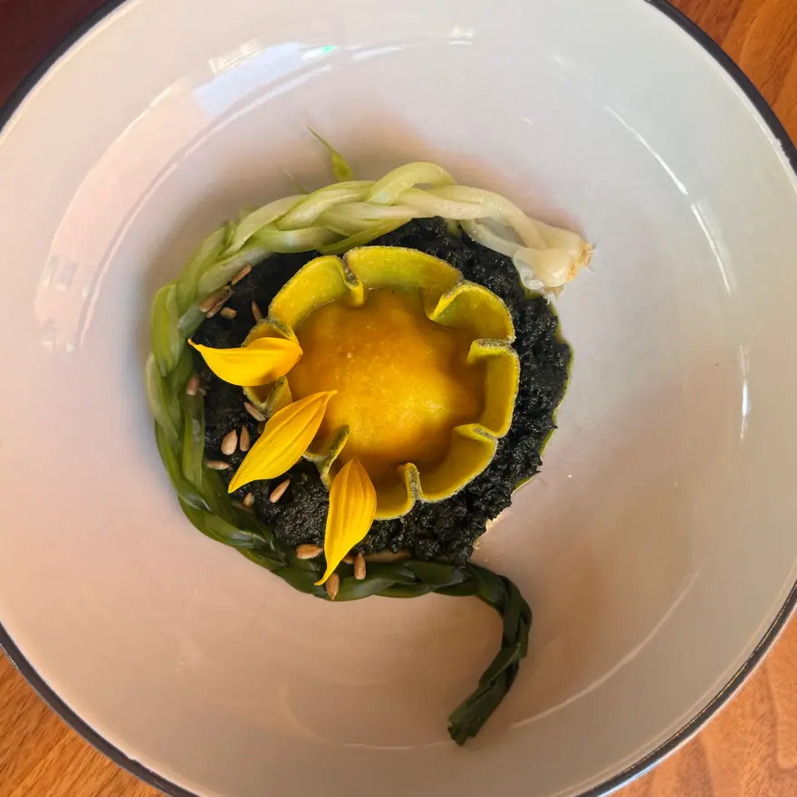 creation thumb for Sunflower raviolo with stinging nettle pesto and wild leeks