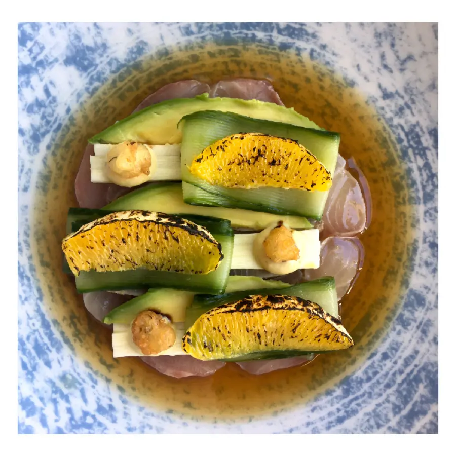 creation thumb for Cured kanpachi, lychee ponzu.