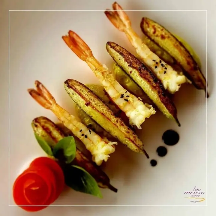 creation thumb for Slow grilled prawns and baby zucchini marinated in balsamic vinegar olive oil and garlic reduction  on bed of puree of green pea and potato