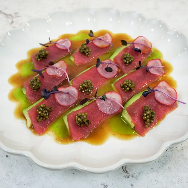 creation thumb for Tuna, Avocado with Soy-Sesame Honey Sauce & Chive Oil
