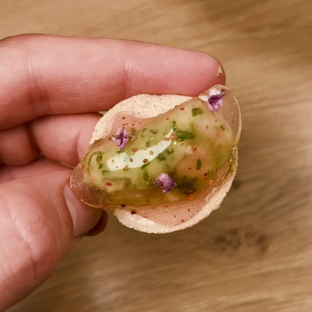 creation thumb for Corn Flour Crisp with Shrimp and Avocado Topping