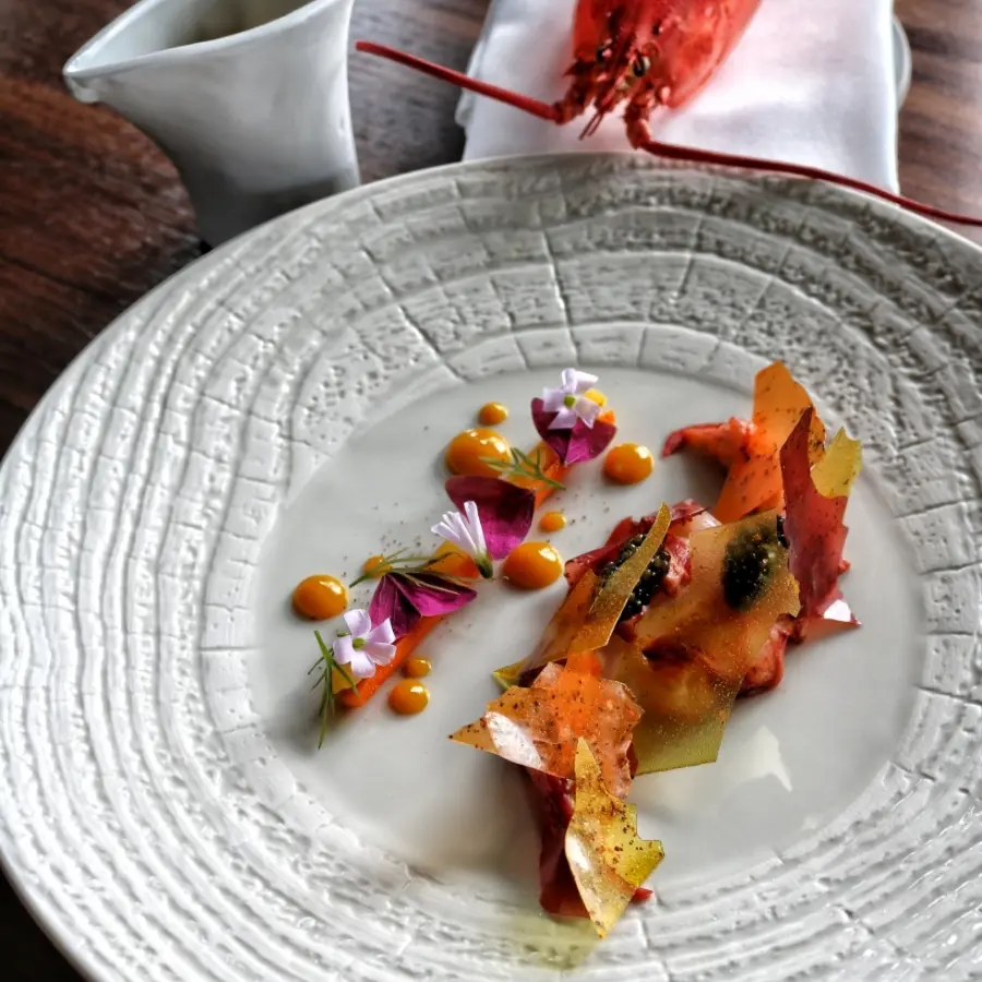 creation thumb for Butter poached lobster with kumquat puree  and carrot glass 
