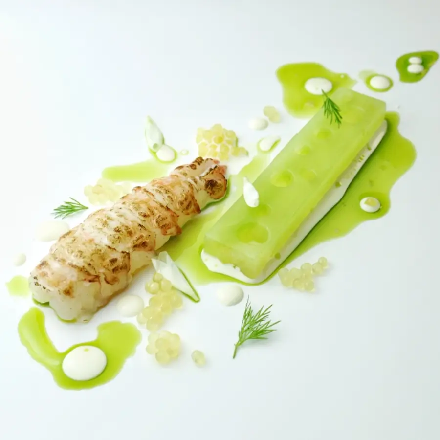 creation thumb for Josper grilled langoustine | compressed cucumber | dashi & yuzu caviar | shiso oil