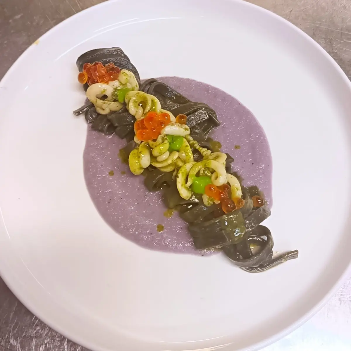 creation thumb for Squid Julienne with Lime, Purple Cabbage Cream, Parsley Sauce