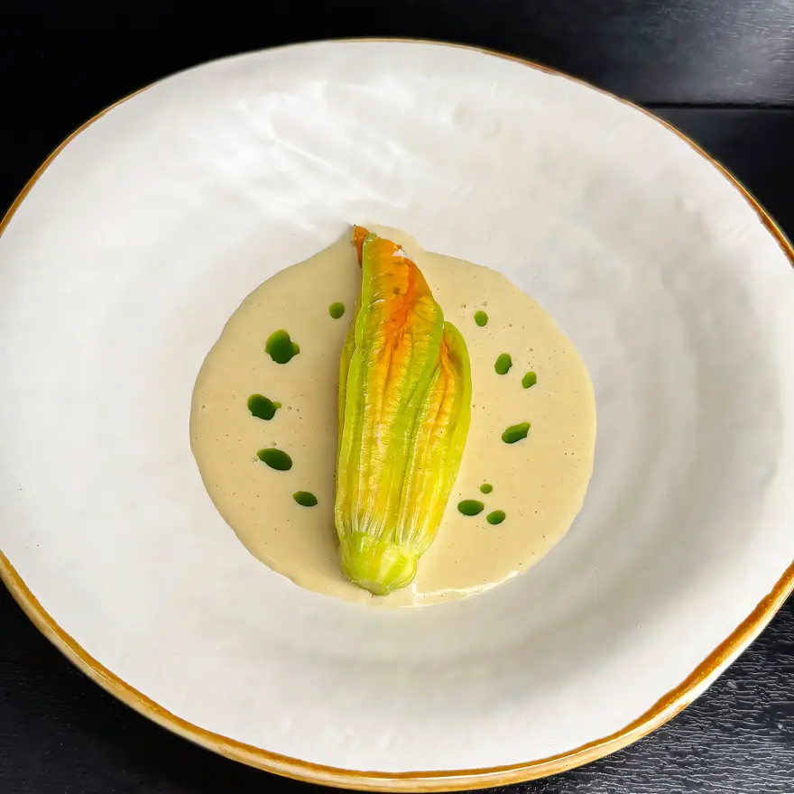 creation thumb for Zucchini Flower with Fish Mousseline & Bagna Cauda