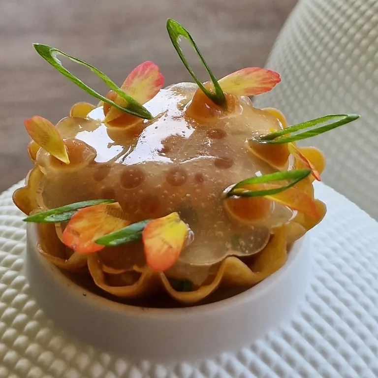 creation thumb for Soy-Cured Yellowtail Kingfish, Peach Gelee, Peach Chutney