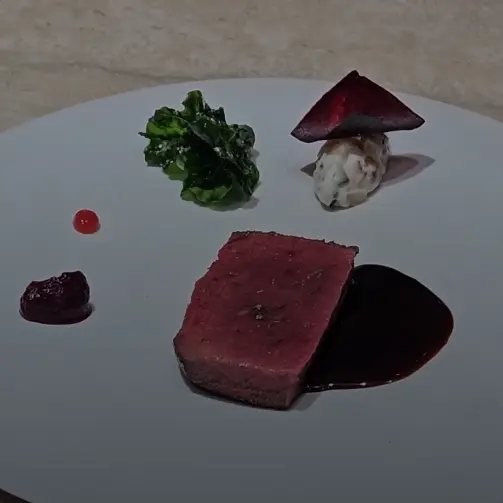 creation thumb for Venison, Beetroot Puree, Red Currant Gel, Cassis Chip