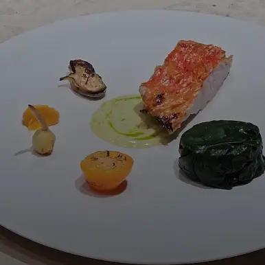 creation thumb for Kimedai, Spinach dumpling, Kumquat, Pumpkin puree