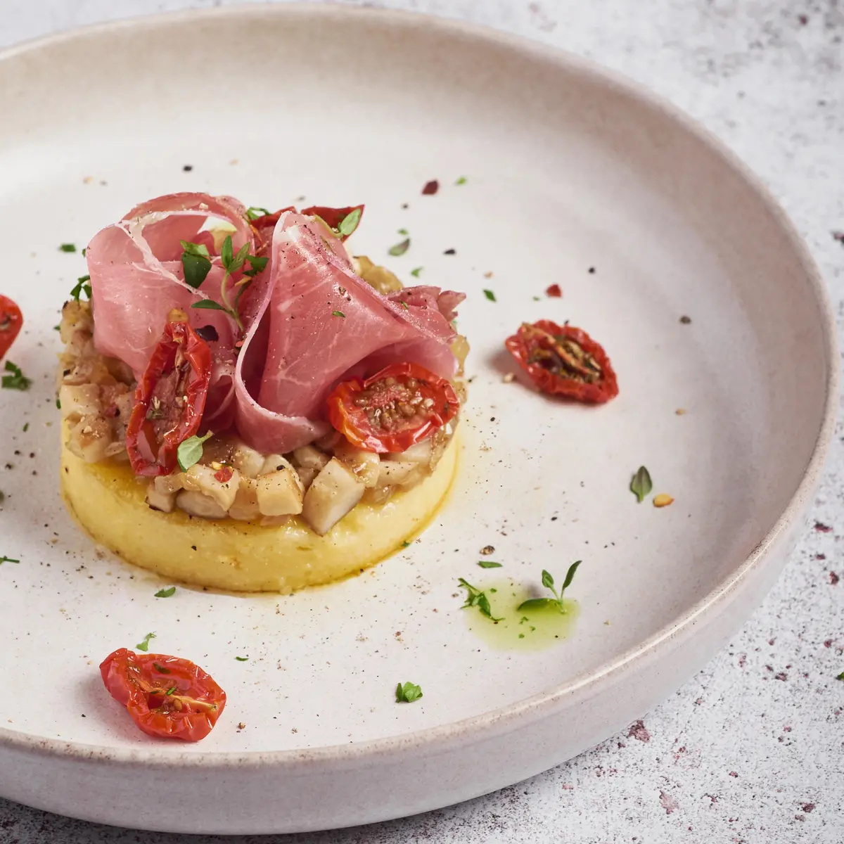 creation thumb for Polenta Cakes with Porcini & Parma Ham